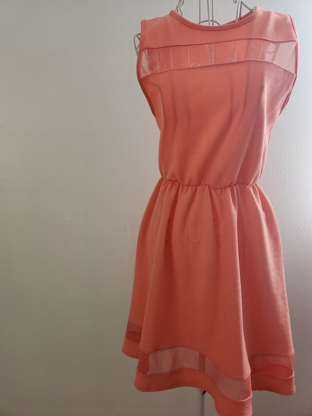 French Atmosphere Peach Coral Mesh Panel Skater Dress Small